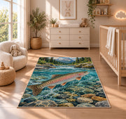 Rainbow trout stream rug in a nursery beside a crib and dresser