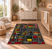 Tackle box rug in a nursery beside a crib and dresser