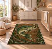 Woodcut bass rug in a nursery beside a crib and dresser