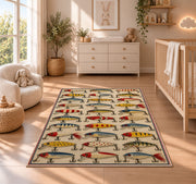 Vintage lure collection rug in a nursery beside a crib and dresser