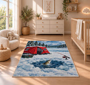 Ice fishing rug in a nursery beside a crib and dresser