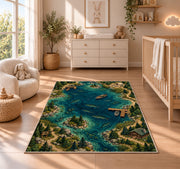 Fishing lake map rug in a nursery beside a crib and dresser