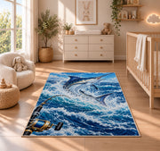 Deep sea marlin rug in a nursery beside a crib and dresser