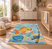 Cartoon fish kids rug in a nursery beside a crib and dresser