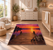 Dock sunset fishing rug in a nursery beside a crib and dresser