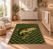 Bass on fish scales rug in a nursery beside a crib and dresser