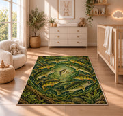 Circle of fish rug in a nursery beside a crib and dresser