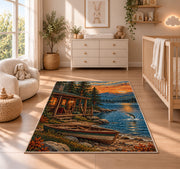 Lakeside fishing cabin rug in a nursery beside a crib and dresser