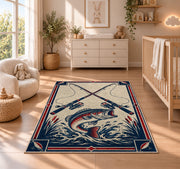 Crossed rods fish emblem rug in a nursery beside a crib and dresser