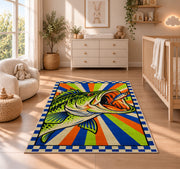 Pop art bass rug in a nursery beside a crib and dresser