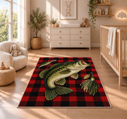 Buffalo plaid bass rug in a nursery beside a crib and dresser