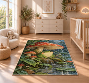 frog under a mushroom umbrella in the rain rug in a nursery beside a crib and dresser