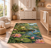 frog fishing at the pond rug in a nursery beside a crib and dresser
