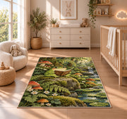 frog reading a book rug in a nursery beside a crib and dresser