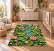 lily pond top view with frogs rug in a nursery beside a crib and dresser