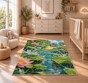 frog leaping between lily pads rug in a nursery beside a crib and dresser