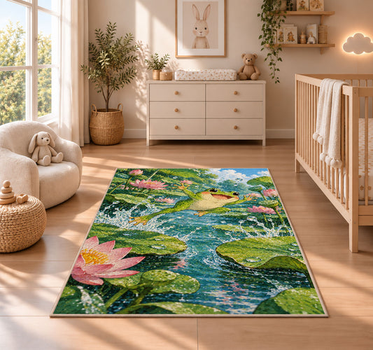 frog leaping between lily pads rug in a nursery beside a crib and dresser