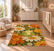 retro frog with daisies rug in a nursery beside a crib and dresser