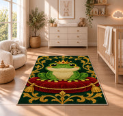 frog prince wearing a crown rug in a nursery beside a crib and dresser