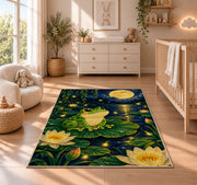 frog under the full moon rug in a nursery beside a crib and dresser
