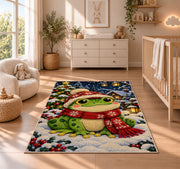 frog in a winter scarf and hat rug in a nursery beside a crib and dresser