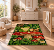 frog and snail on a mushroom rug in a nursery beside a crib and dresser