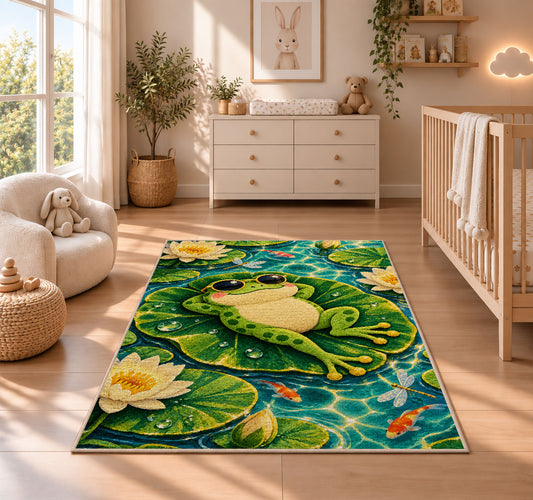 frog in sunglasses on a lily pad rug in a nursery beside a crib and dresser