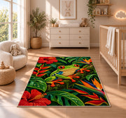 red-eyed tree frog in the rainforest rug in a nursery beside a crib and dresser