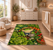 frog in a vegetable garden rug in a nursery beside a crib and dresser