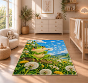 frog blowing a dandelion rug in a nursery beside a crib and dresser