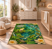 frog life cycle around a pond rug in a nursery beside a crib and dresser