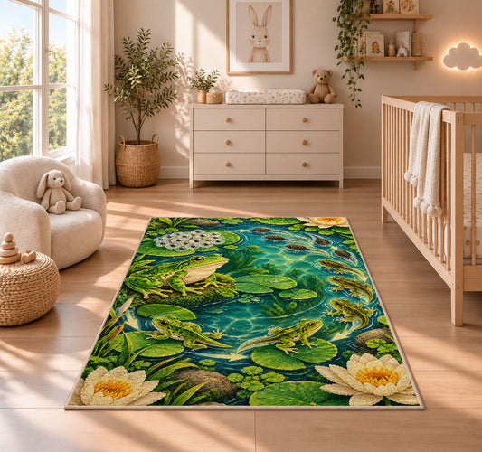 frog life cycle around a pond rug in a nursery beside a crib and dresser