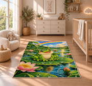 happy frog under a rainbow rug in a nursery beside a crib and dresser