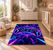Neon Game Controller rug in a nursery beside a crib and dresser
