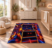 Retro Arcade Cabinet rug in a nursery beside a crib and dresser