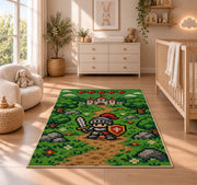 Pixel Knight Adventure rug in a nursery beside a crib and dresser