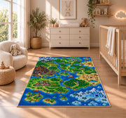 Pixel Fantasy World Map rug in a nursery beside a crib and dresser