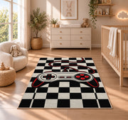 Retro Controller Checkerboard rug in a nursery beside a crib and dresser