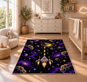 Pixel Space Shooter rug in a nursery beside a crib and dresser