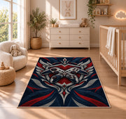 Crossed Controllers Emblem rug in a nursery beside a crib and dresser