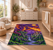 Pixel Dragon and Castle rug in a nursery beside a crib and dresser