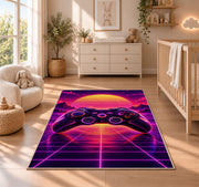 Synthwave Controller rug in a nursery beside a crib and dresser
