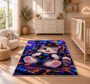 Gamer Cat rug in a nursery beside a crib and dresser