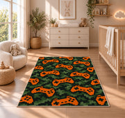 Pixel Camo Controllers rug in a nursery beside a crib and dresser