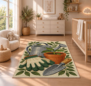 Gardening Rug in a nursery beside a crib and dresser