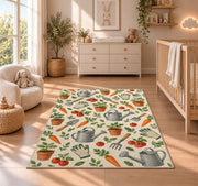 Garden Tools Pattern Rug in a nursery beside a crib and dresser