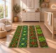 Vegetable Garden Rug in a nursery beside a crib and dresser