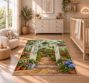 Greenhouse Rug in a nursery beside a crib and dresser
