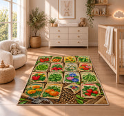 Vintage Seed Packet Rug in a nursery beside a crib and dresser