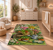 Wheelbarrow Garden Rug in a nursery beside a crib and dresser